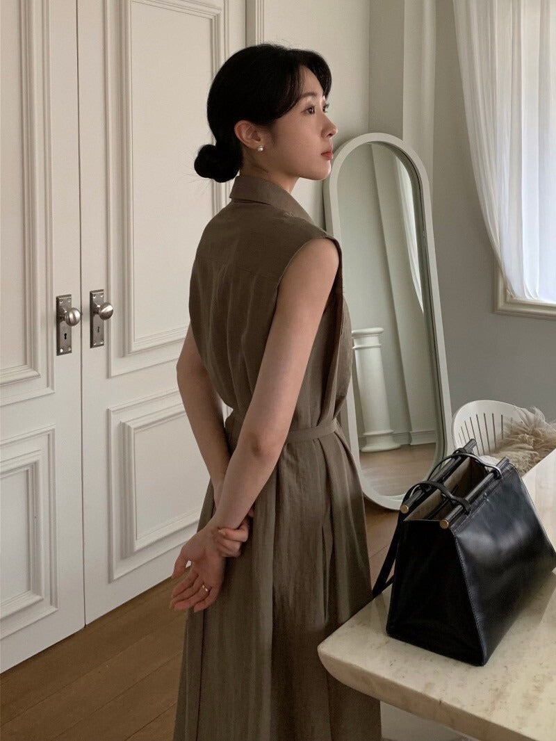 Tue. 通勤氣質繫帶式連身背心裙 杏/咖