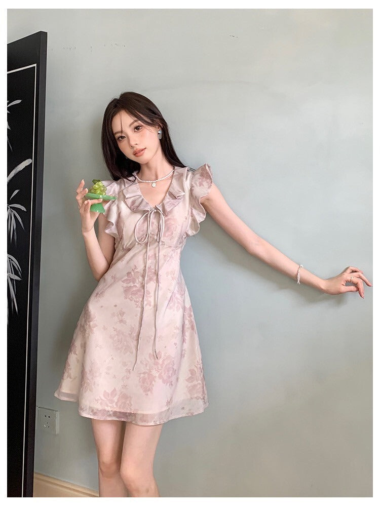 Sat. 溫柔解語花 新中式荷葉袖碎花裙 紅/杏