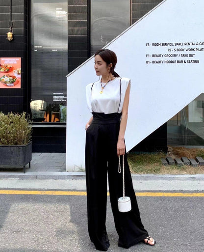 Tue. 復古極高腰闊腿休閒褲 印花/純黑