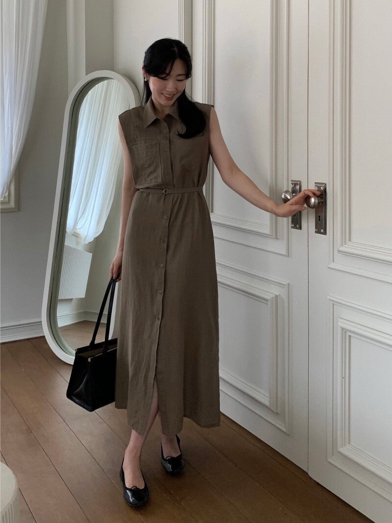 Tue. 通勤氣質繫帶式連身背心裙 杏/咖
